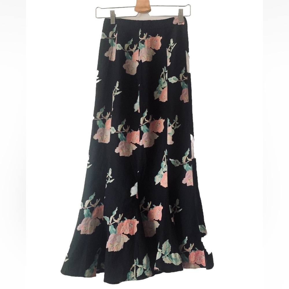 Christy Dawn Black Floral Maxi Skirt Pink Green Blooms Sz XS Boho Cottagecore